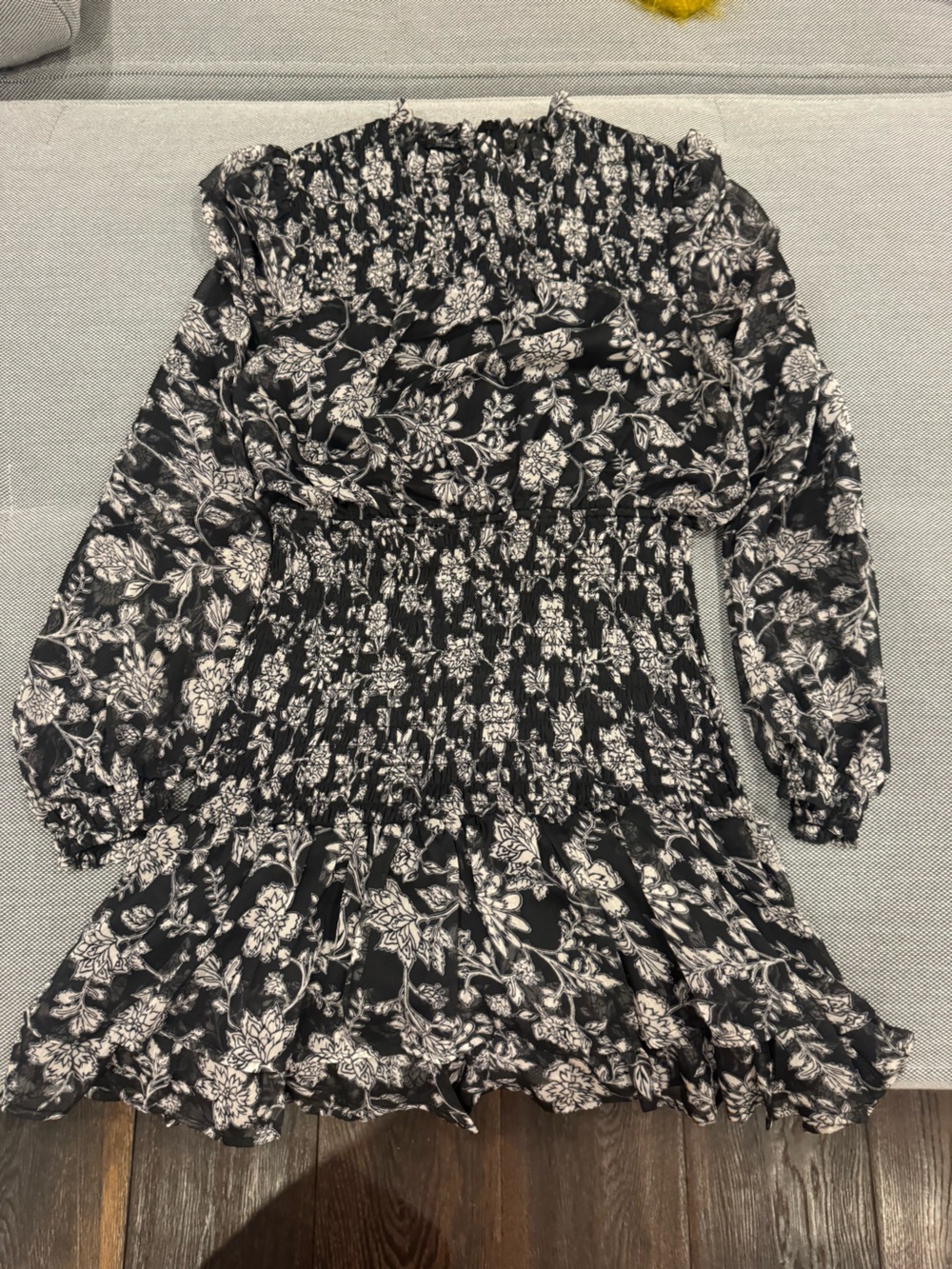 Aqua Black and White Floral Smocked Casual Dress
